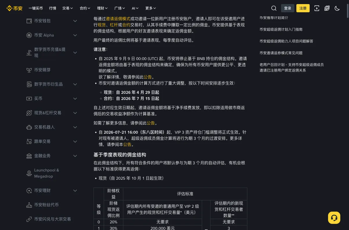 币安帮助中心的邀请返佣模式常见问题页,页面上有 2025 年 9 月佣金结构调整的说明,以及与 VIP3 门槛相关的段落