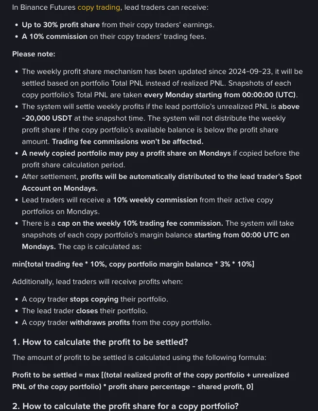 币安帮助中心 Lead Trader Benefits in Binance Futures Copy Trading 页截图:带单员最高 30% 分润与跟单者手续费 10% 分成,2024-09-23 起按组合 Total PNL 结算、每周一 00:00:00(UTC)快照,带单组合未实现盈亏高于 -20,000 USDT 才结算,手续费分成封顶公式与待结算分润公式