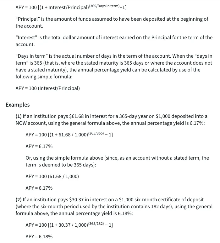 美国消费者金融保护局官网 Regulation DD 附录 A 的英文页面:APY 通用公式,Principal、Interest、Days in term 三个量的定义,以及 61.68 美元利息对应 6.17%、182 天 30.37 美元利息对应 6.18% 两个算例